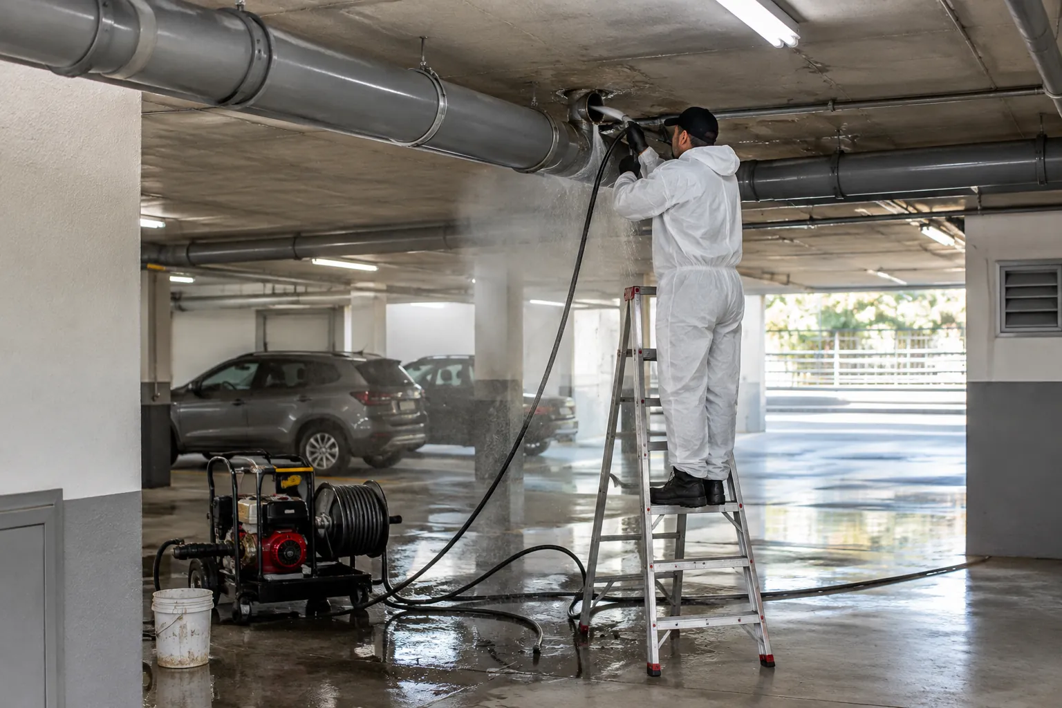 Técnico limpiando con hidrojet una cañería sanitaria horizontal en el subterráneo de un edificio
